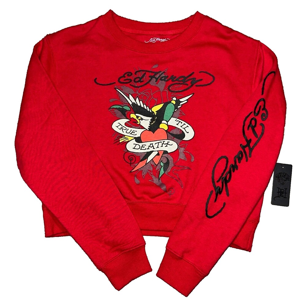 Ed Hardy Womens Sweat Shirt Large True Til Death Cropped Y2K Crewneck Cherry NEW